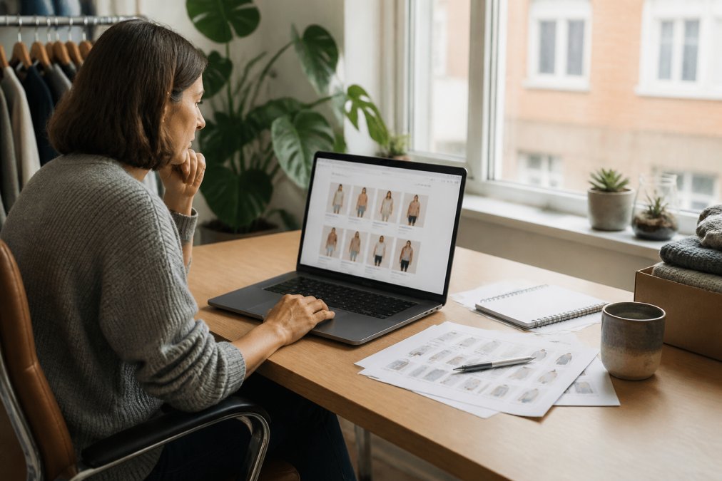 A small business owner reviewing an online store's product catalogue on a laptop in a bright home office, printed inventory sheets beside the keyboard