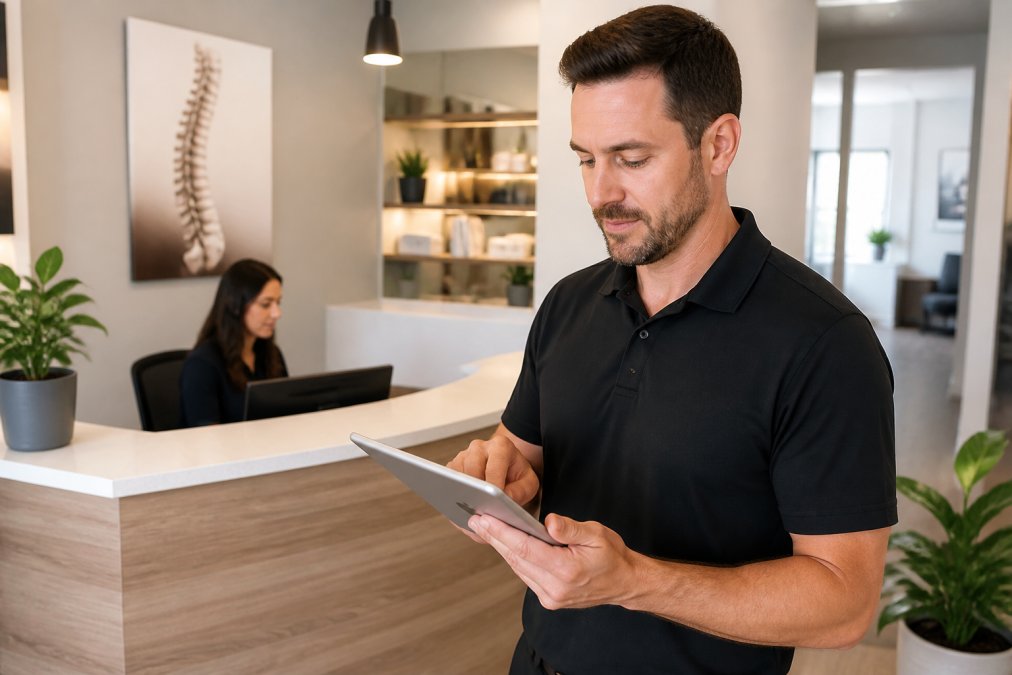 Chiropractor reviewing a site built with a website builder for chiropractors on a tablet in a modern clinic.