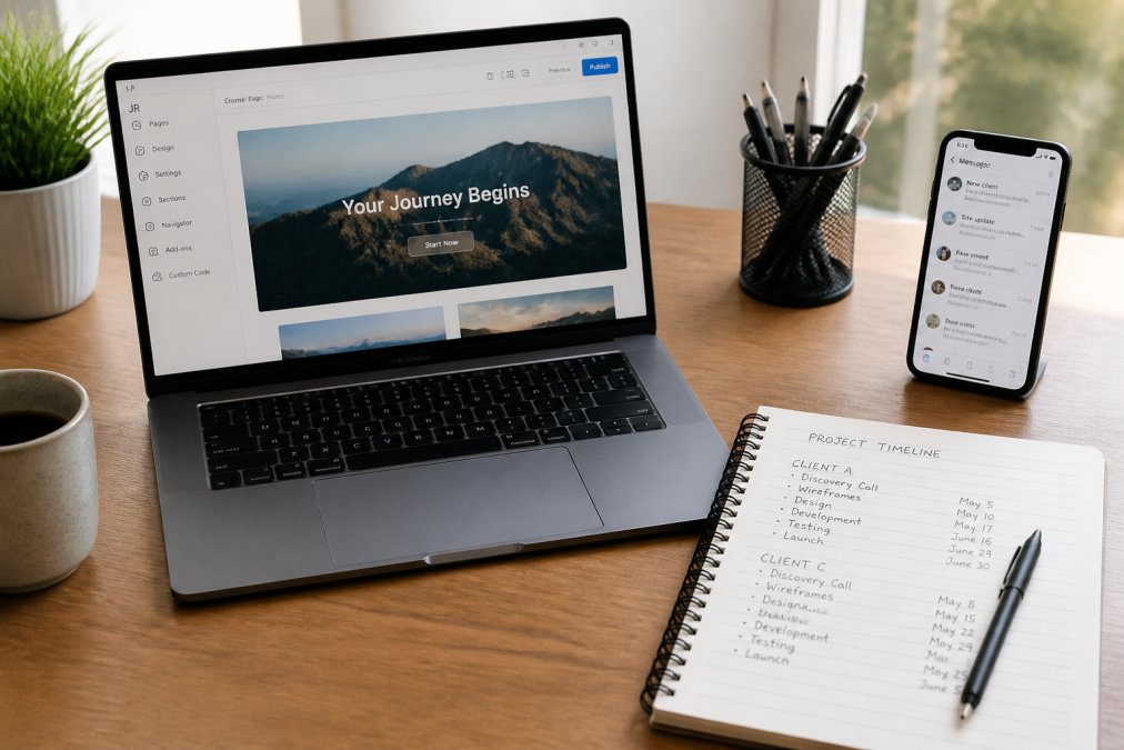 A clean desk setup with a laptop showing a website builder dashboard, a notebook with handwritten project timelines, and a smartphone displaying client notifications, shot in bright daylight