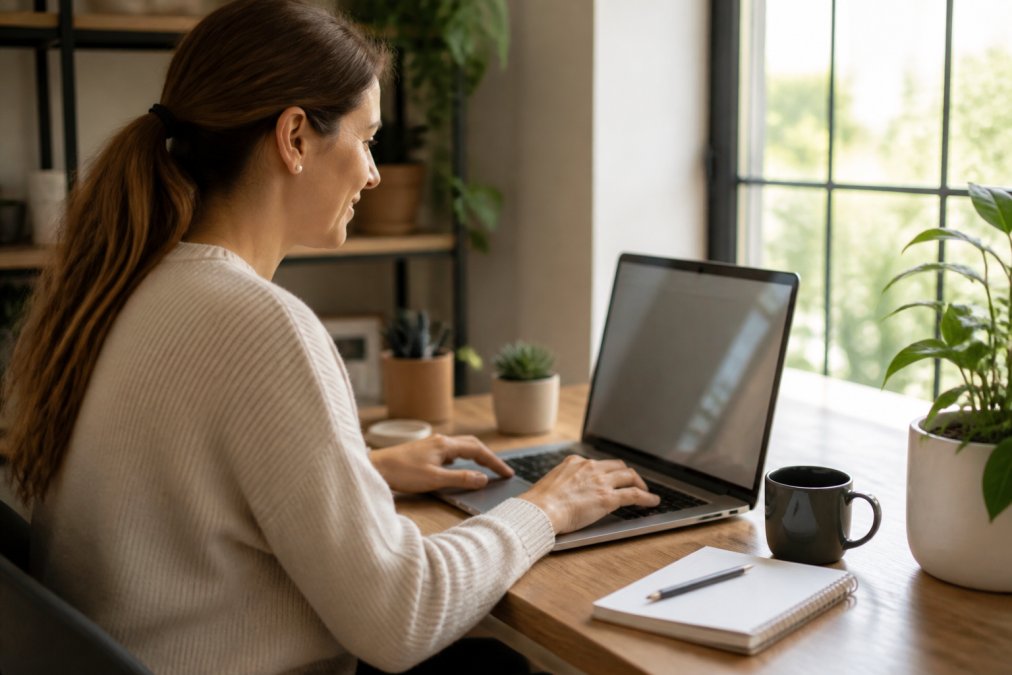 A small business owner at a tidy desk editing a website layout on a laptop screen, notebook and coffee cup beside the keyboard, warm natural light from a window