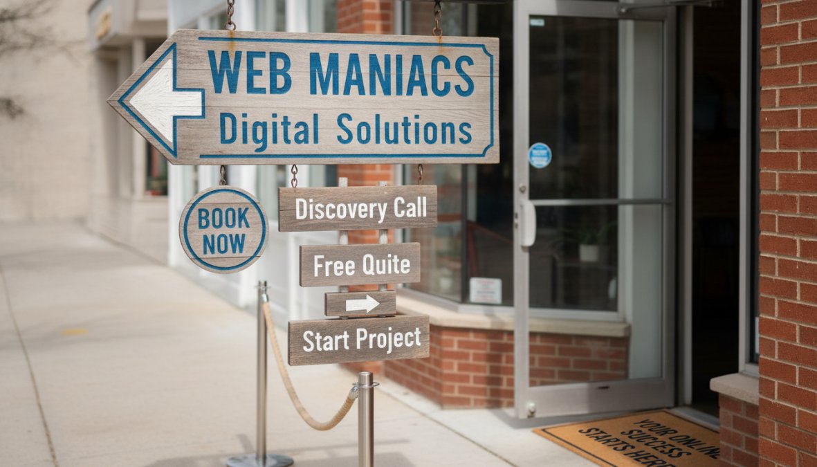 Close-up of smartphone screen displaying local service business website with prominent blue call-to-action button, clear service description, and phone number prominently displayed at top