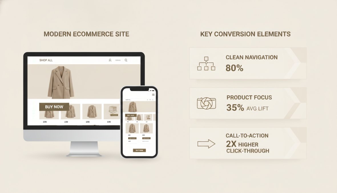 Modern ecommerce website displayed on desktop monitor and smartphone side-by-side, showing responsive design with clean navigation, product imagery, and prominent call-to-action buttons in natural office lighting