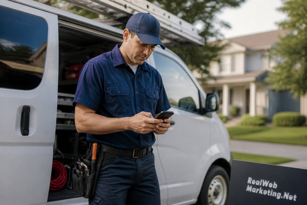 Service technician using a smartphone to view website design practices on a company site by a work van.