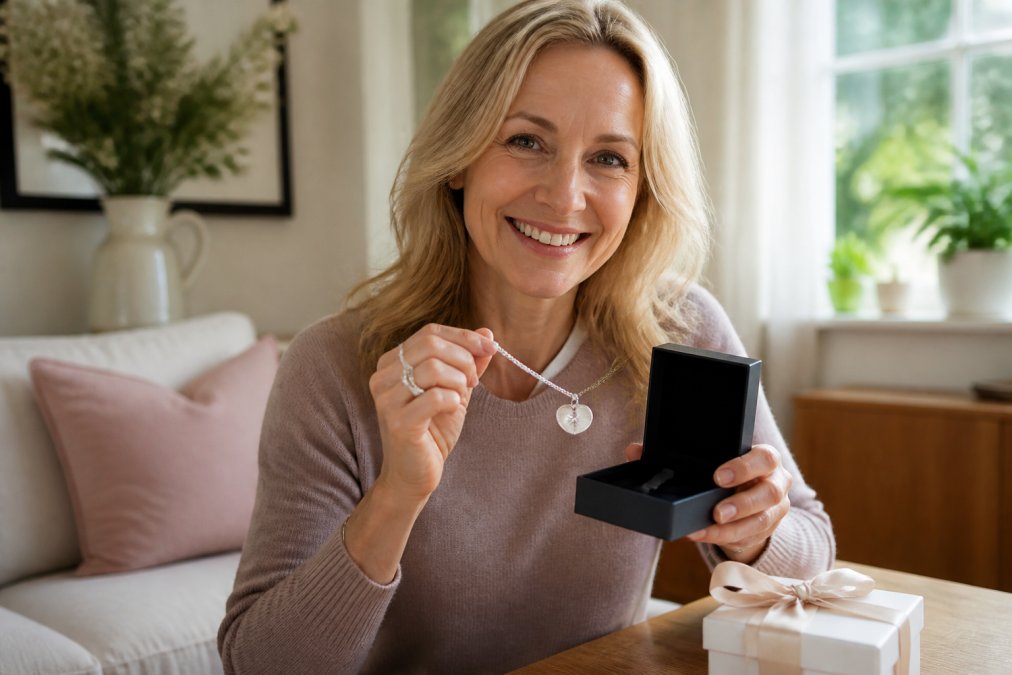 Woman in her 40s smiling while holding a custom-engraved silver necklace, a perfect choice for personalized gifts.