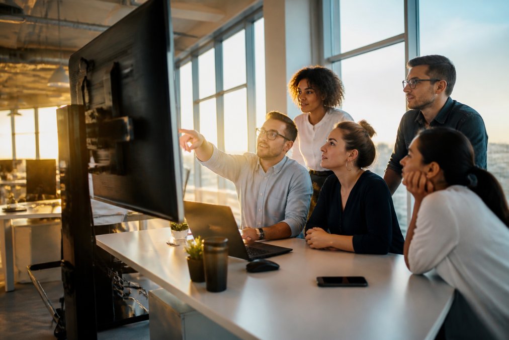 A digital marketing team gathered around a large monitor displaying website performance dashboards in a modern open-plan office, warm afternoon light through floor-to-ceiling windows