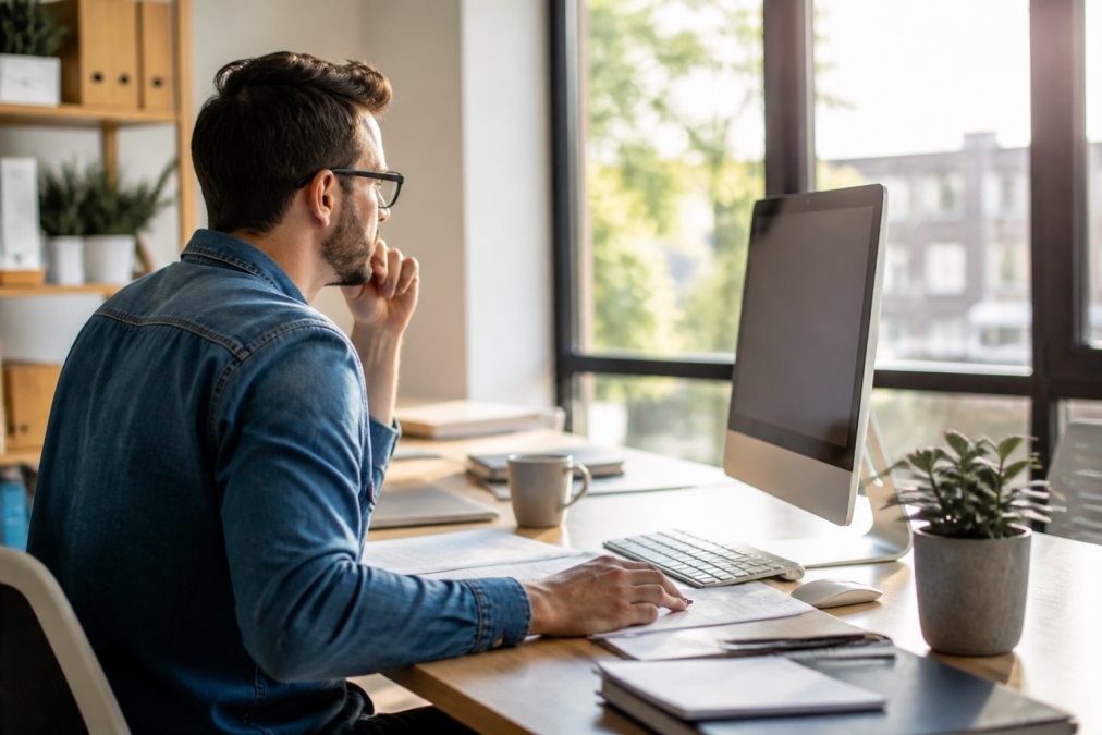 Small business owner reviewing website analytics and performance metrics on a desktop monitor in a modern office environment with natural sunlight streaming through windows