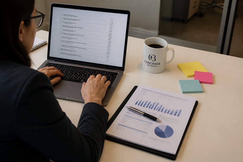 A professional reviewing a compliance checklist on a laptop at a clean office desk, with sticky notes and a printed audit report visible nearby, under warm overhead office lighting