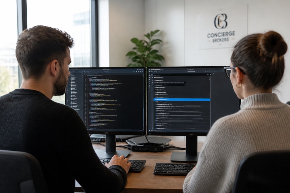 A developer and an accessibility specialist sitting side by side at dual monitors, one screen showing code and the other showing a screen reader interface, in a bright modern office