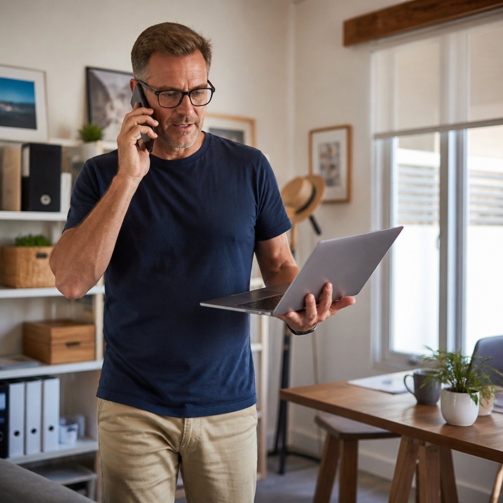 Small business owner checking website uptime monitoring dashboards and mobile alerts on a laptop in a home office.