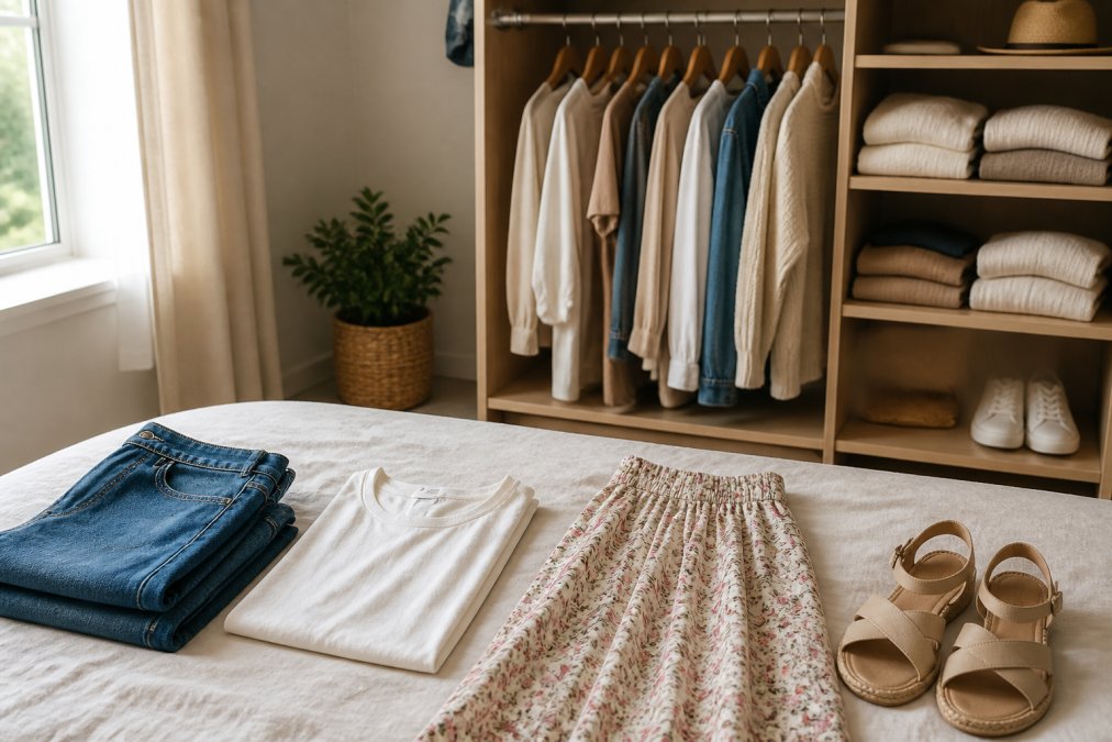A neatly organized open wardrobe with a small curated selection of neutral-colored clothing, folded denim jeans, a white top, a floral maxi skirt, and a pair of sandals arranged on a bed in soft natural window light