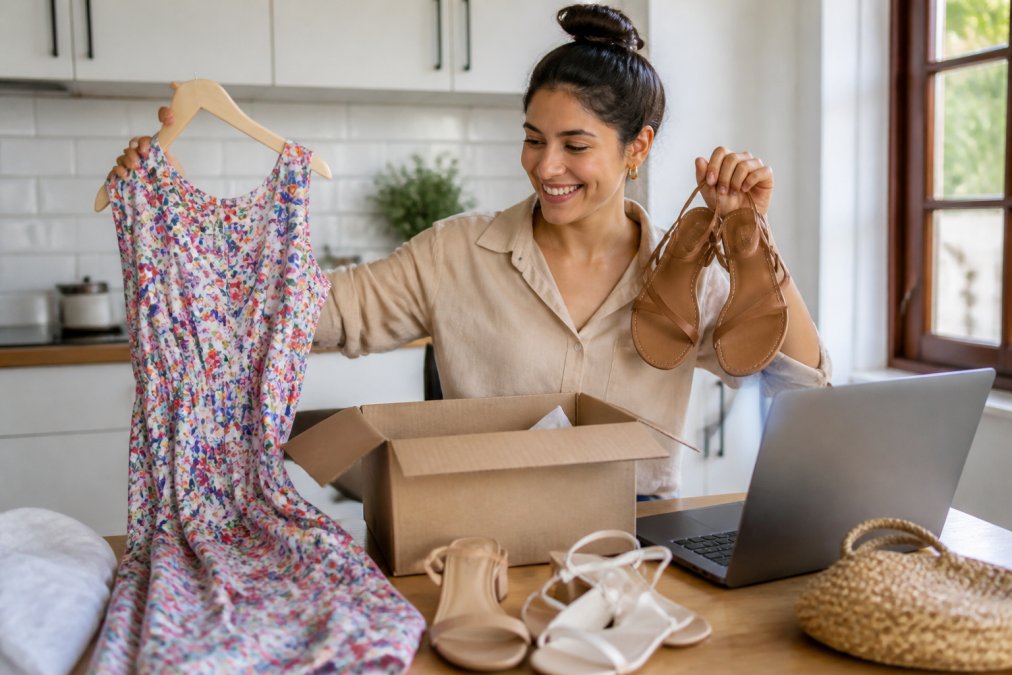 A woman smiling and holding up a colorful floral summer dress and a pair of strappy sandals while sitting at a kitchen table with a laptop open, bright natural light coming through a window beside her