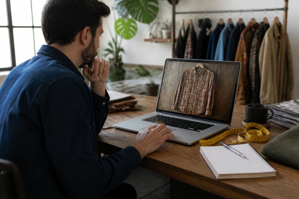 Man at a wooden desk using a laptop to shop for vintage men's clothing with a measuring tape and notebook nearby.