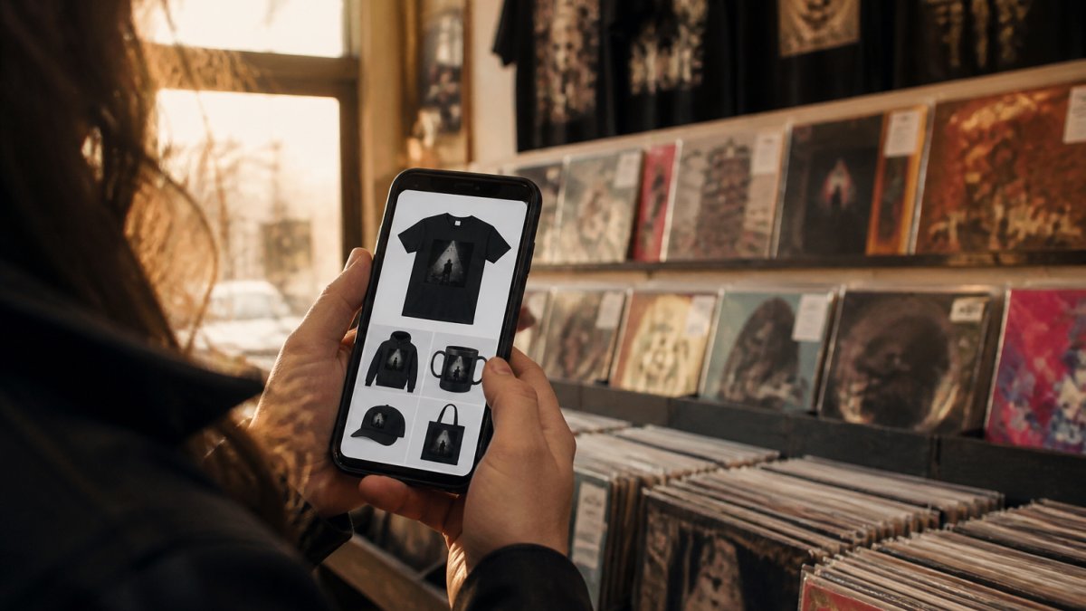 A person holding a smartphone showing a band merch store page while standing in a record shop, shelves of vinyl visible behind them