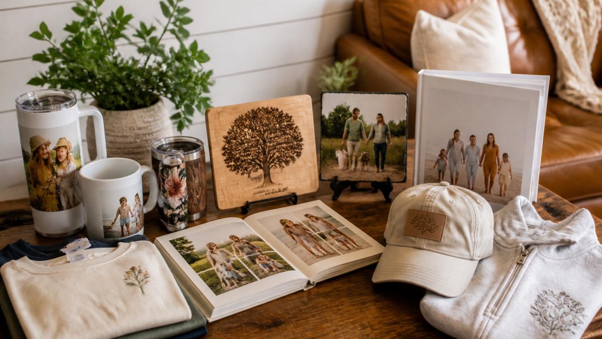 Arranged display of personalized gift items including custom mugs, engraved plaques, photo books, and monogrammed apparel on a wooden table with warm natural lighting