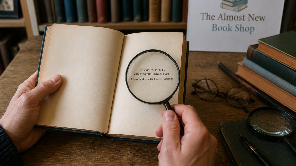 Close-up of hands carefully examining the copyright page of an open vintage hardback book on a wooden desk, with a magnifying glass and reading glasses nearby