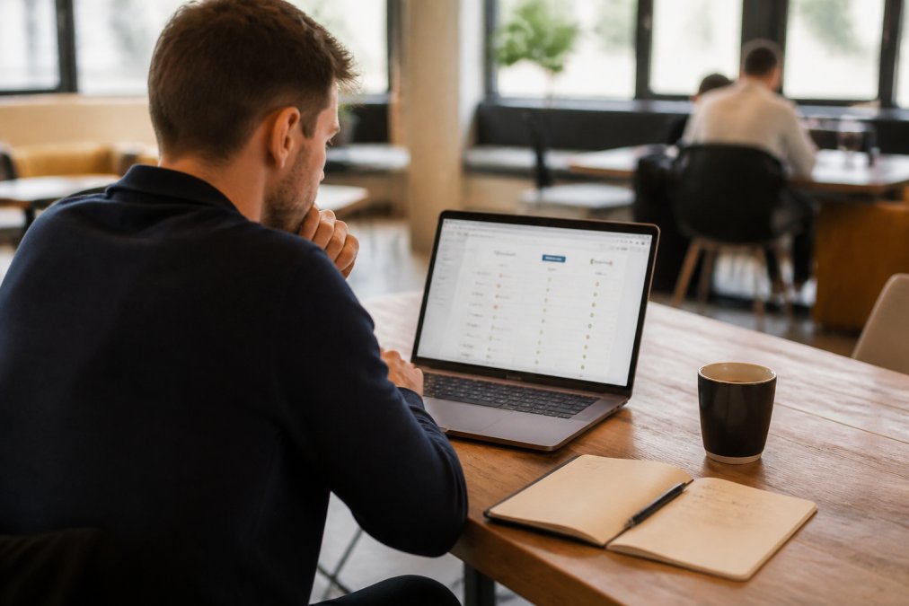 A startup founder comparing website builder options on a laptop screen in a bright co-working space, with a notebook and coffee on the desk