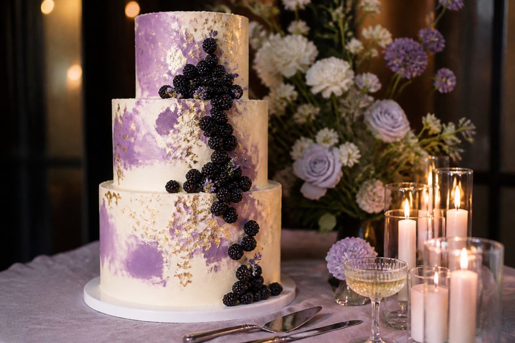 Infographic showing luxury wedding cake flavors featuring lavender, champagne buttercream, blackberries, and gold leaf.