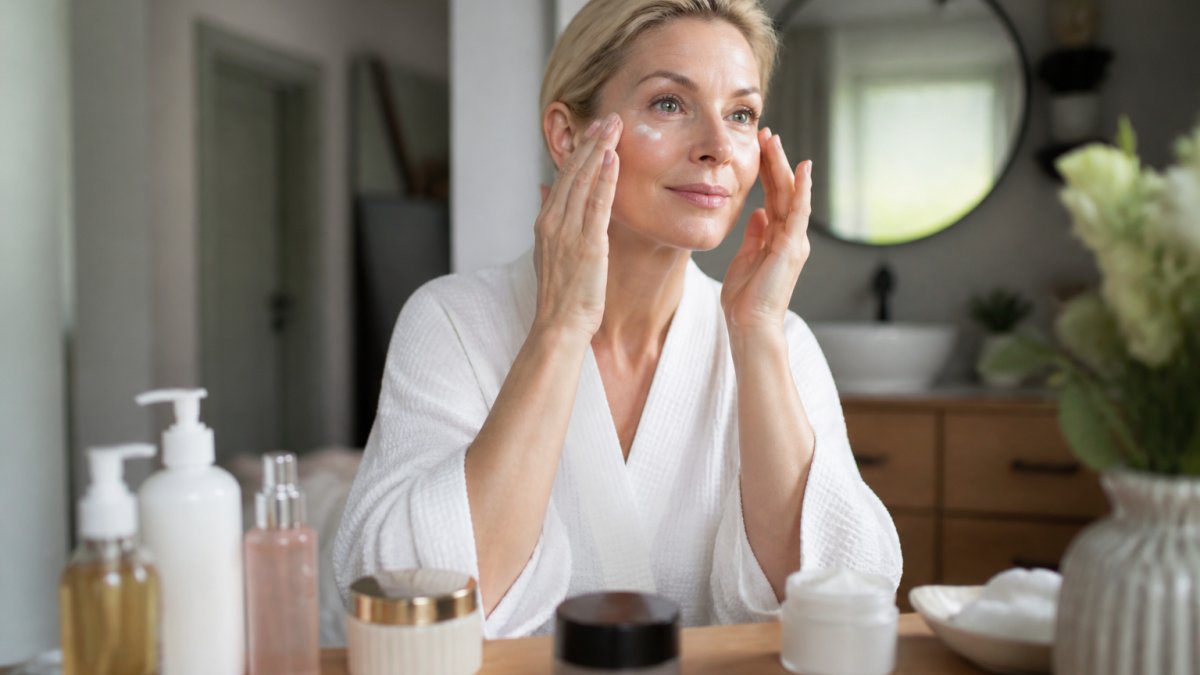 Woman in her late 40s applying eye cream and moisturizer to her face in bright natural lighting, focusing on hydration before makeup application