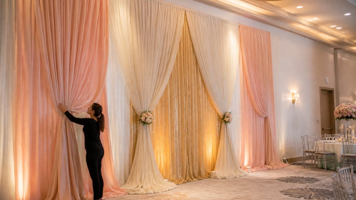 Professional event designer arranging layered wedding drapes in soft blush, ivory, and gold tones against a modern ballroom backdrop with warm accent lighting