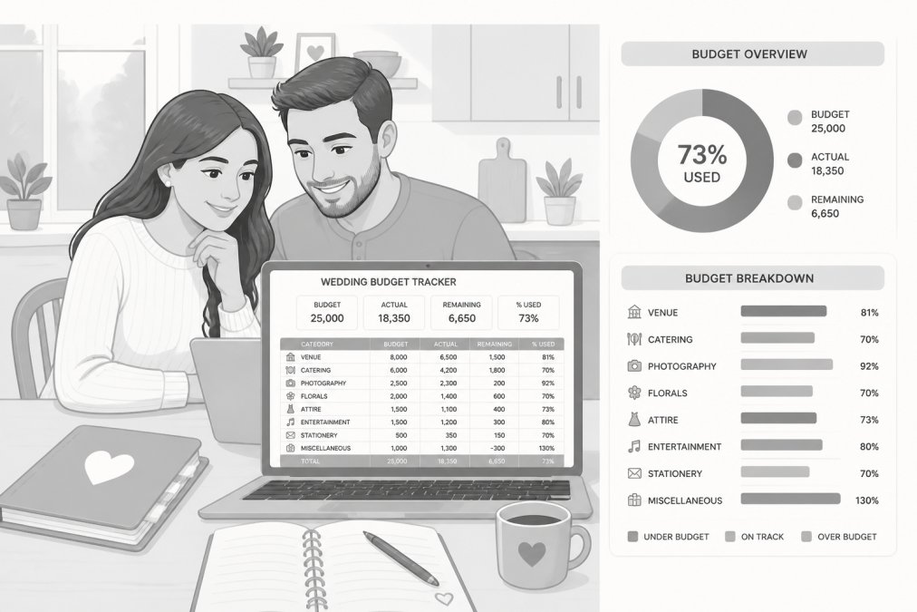 Engaged couple reviewing wedding budget spreadsheet on laptop at kitchen table with notebook and pen nearby, natural afternoon lighting