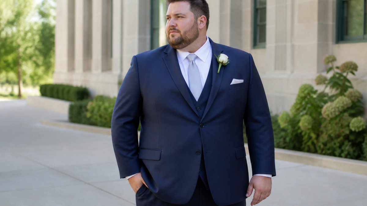 Man with a larger frame wearing a well-fitted navy suit jacket that provides a structured silhouette in natural light.