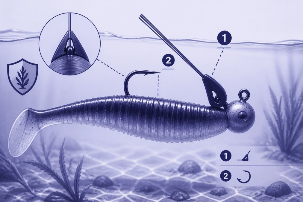 Close-up of a fishing lure with weed guard attachment in clear water, showing how the guard sits ahead of the hook point with natural lighting
