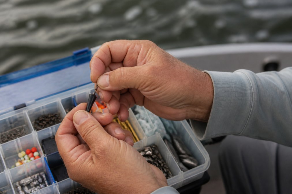 Angler's hands rigging a weed blocker onto fishing line at a tackle box, with various terminal tackle and swivels visible in natural daylight