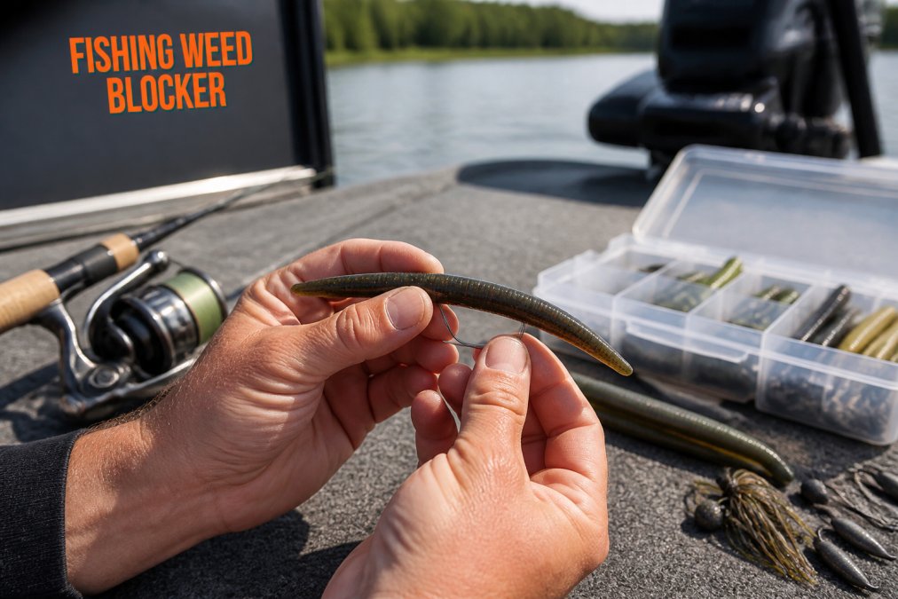 Close-up of hands demonstrating wacky rig technique with soft plastic stick bait threaded horizontally through the middle on a weedless hook, with fishing tackle and water visible in background