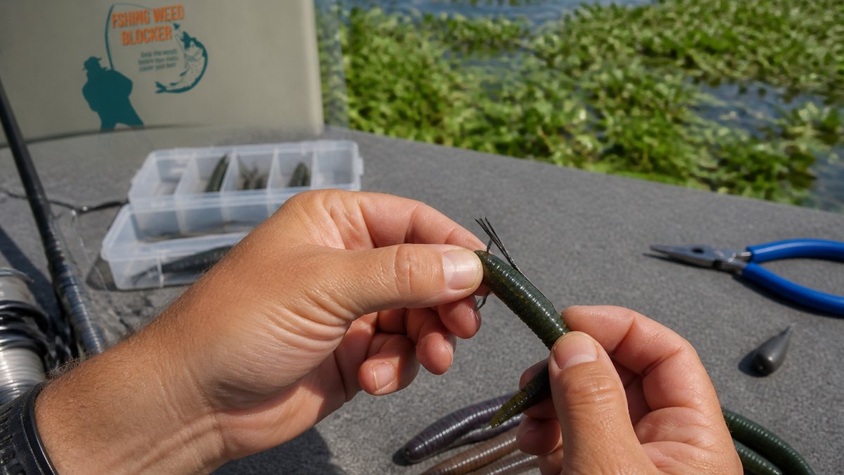 Close-up of an angler's hands rigging a Texas-rigged soft plastic with a weed guard, hook point tucked into the plastic, thick green vegetation visible in the background water