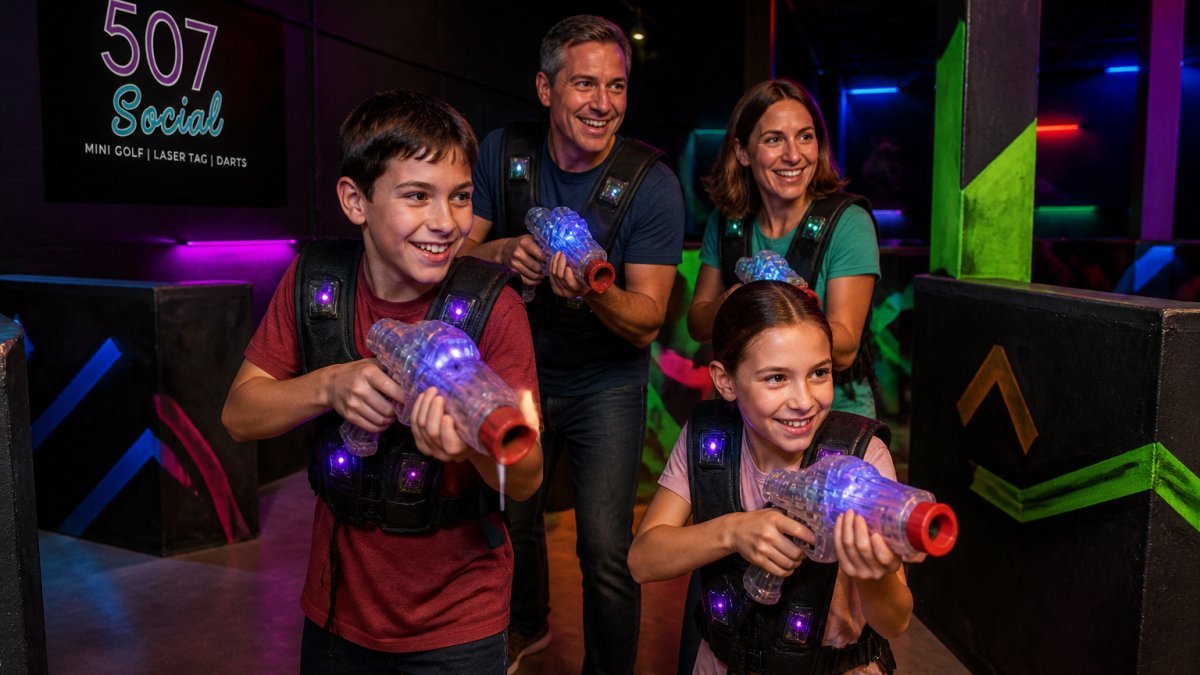 Family of four playing interactive laser tag together in a modern entertainment venue with neon lighting, colorful barriers, and game stations visible in the background