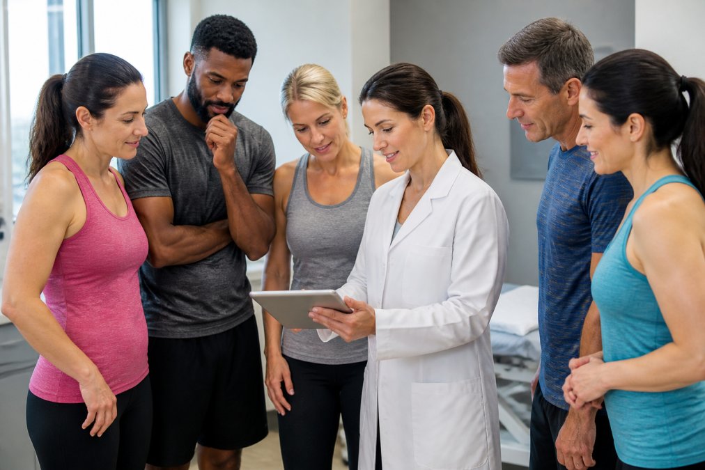 A diverse group of adults in athletic wear consulting with a female physician in a bright, modern medical office, reviewing a tablet together