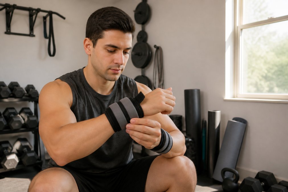 A beginner athlete in a bright home gym trying on adjustable weighted wrist bands, checking the fit around their wrists and examining the secure closure while looking at the fabric quality under natural window light