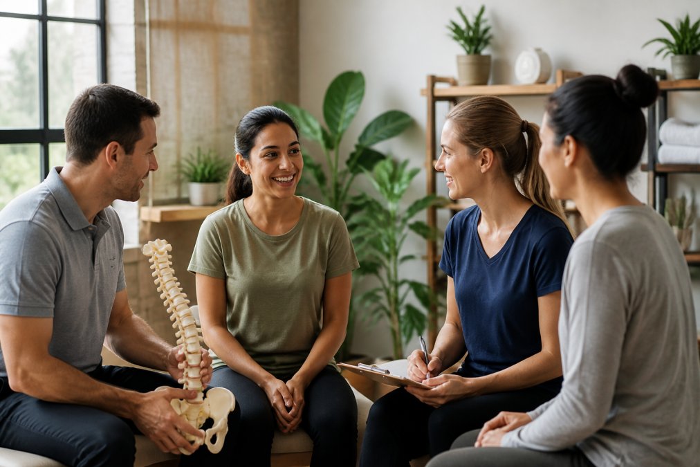Diverse wellness team including chiropractor, massage therapist, and yoga instructor consulting with patient in bright modern clinic with plants and natural lighting
