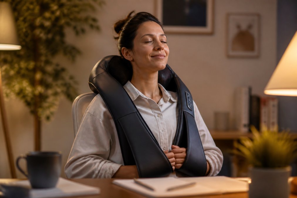A tired professional sitting at a home desk with a Shiatsu neck and shoulder massager draped over their shoulders, eyes closed in relief, warm lamp light in the background