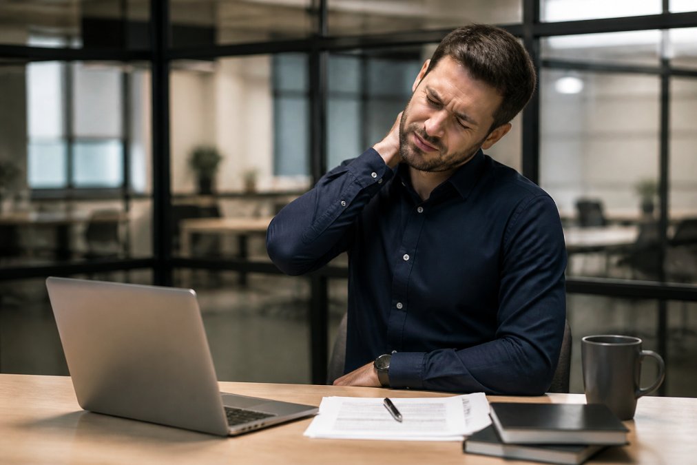 Professional working at desk, touching neck in discomfort, with laptop and documents nearby, showing strain of long working hours in office lighting