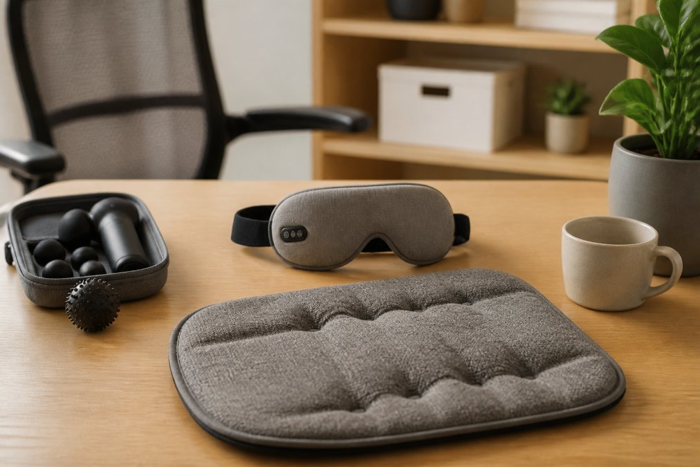 Calm workspace scene with wellness products displayed on desk: heated eye mask, heated cushion, recovery tools arranged neatly with warm lighting