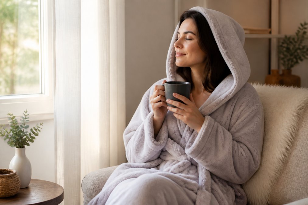 Woman relaxing at home wearing a soft plush hooded robe, wrapped in warmth while holding a warm beverage with a peaceful expression, natural window lighting creating a calm atmosphere