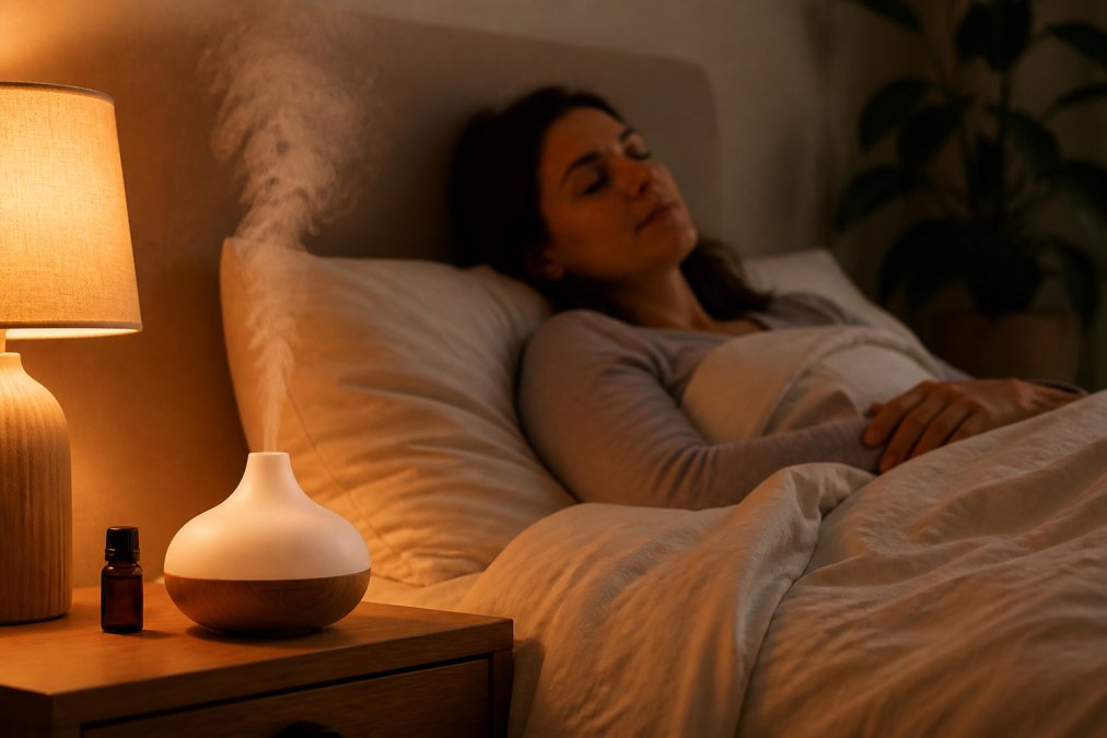 Calm bedroom with a running essential oil diffuser creating soft mist, warm ambient lighting from bedside lamp, person in relaxed posture on comfortable bed nearby