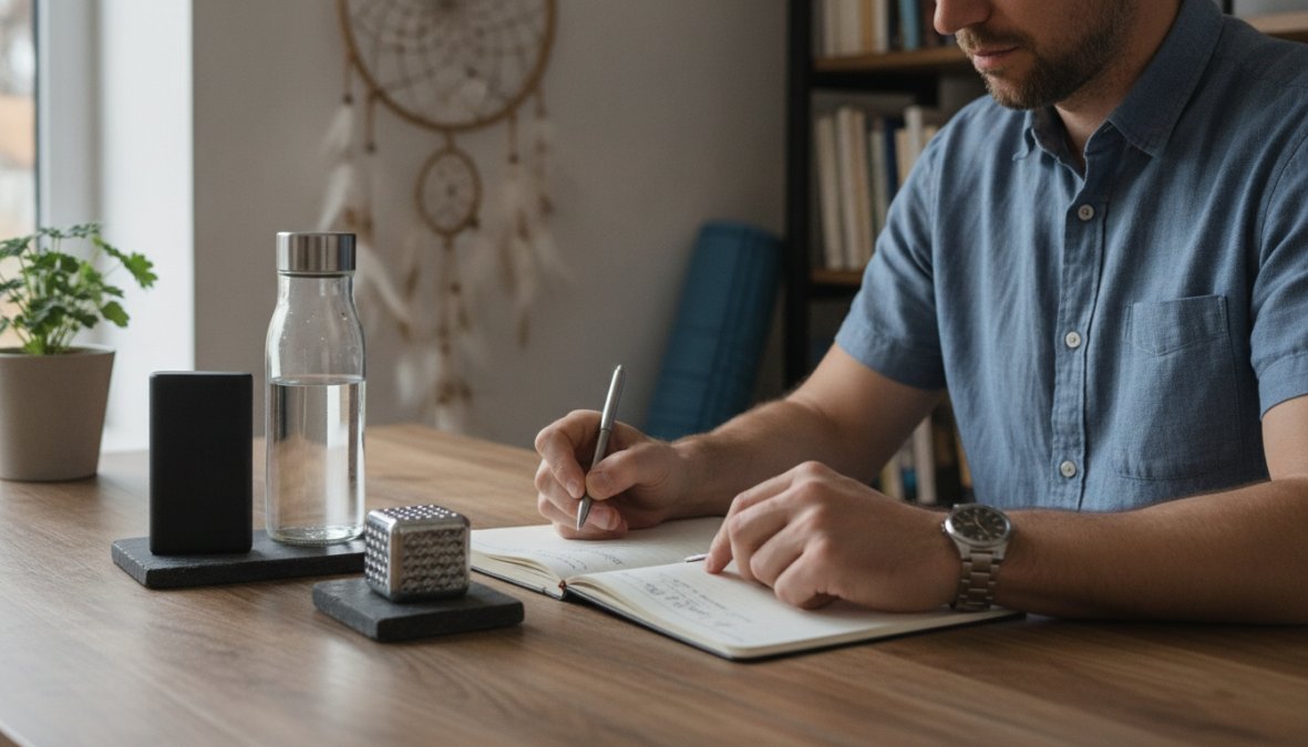 Busy professional at desk with ergonomic setup, water bottle, stress relief device, wireless power bank, and wellness planner visible, natural office lighting