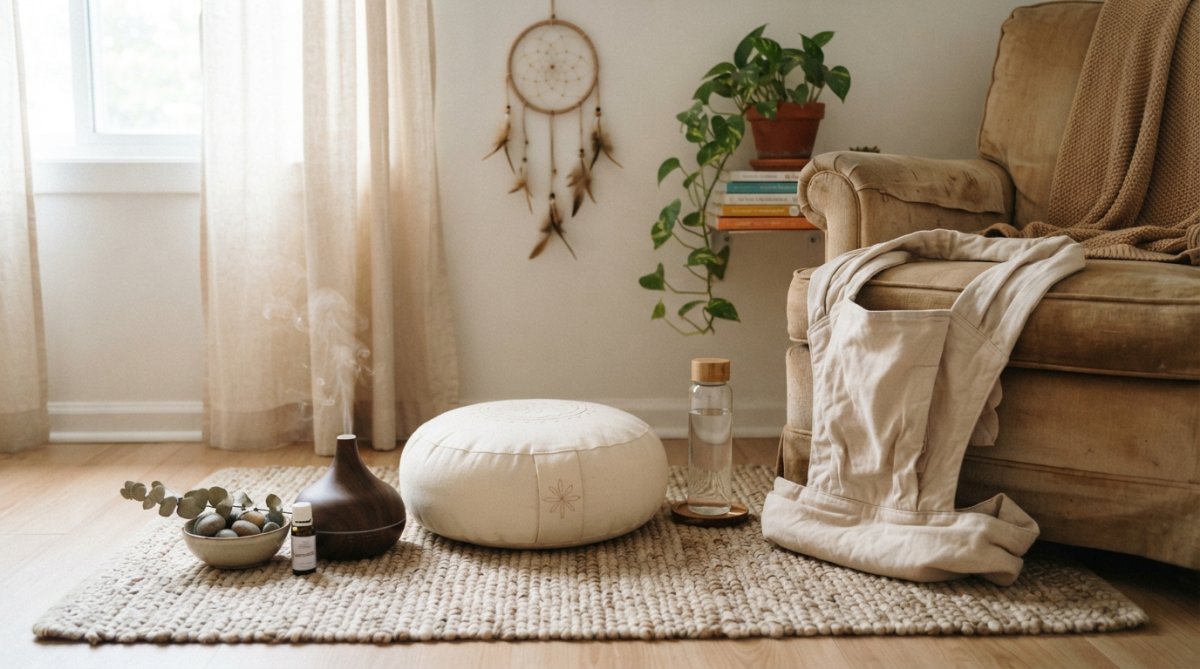 A cozy home corner with essential wellness items: a small diffuser, meditation cushion, water bottle, and soft lighting creating a calming personal sanctuary