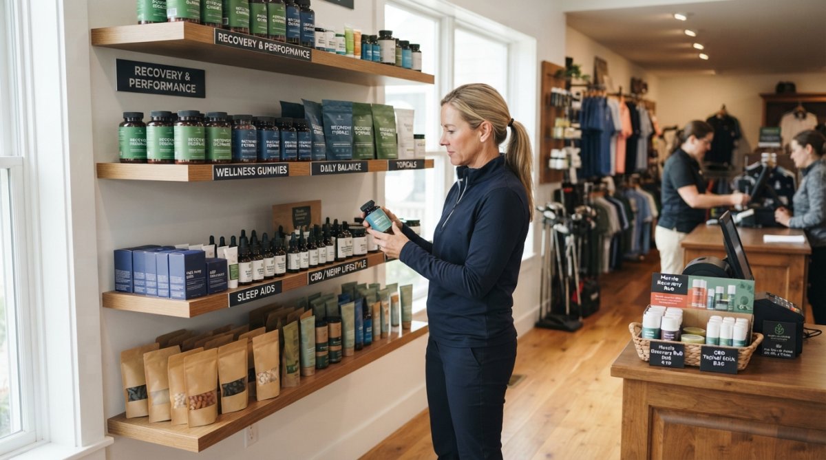 A well-organized pro shop display featuring wellness recovery products arranged on clean white shelves with clear category signage, performance gummies at eye level, topical sticks near the checkout counter, and a member browsing the recovery section