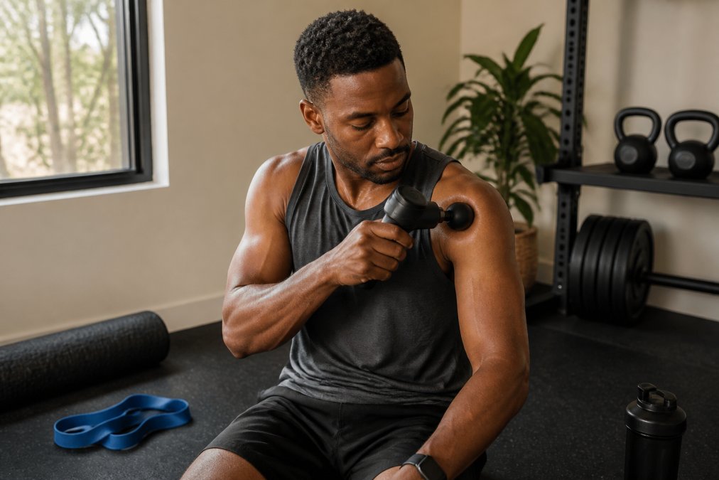 Person using a percussive massage device on shoulder in home gym setting with foam roller and resistance bands visible on floor, natural window lighting
