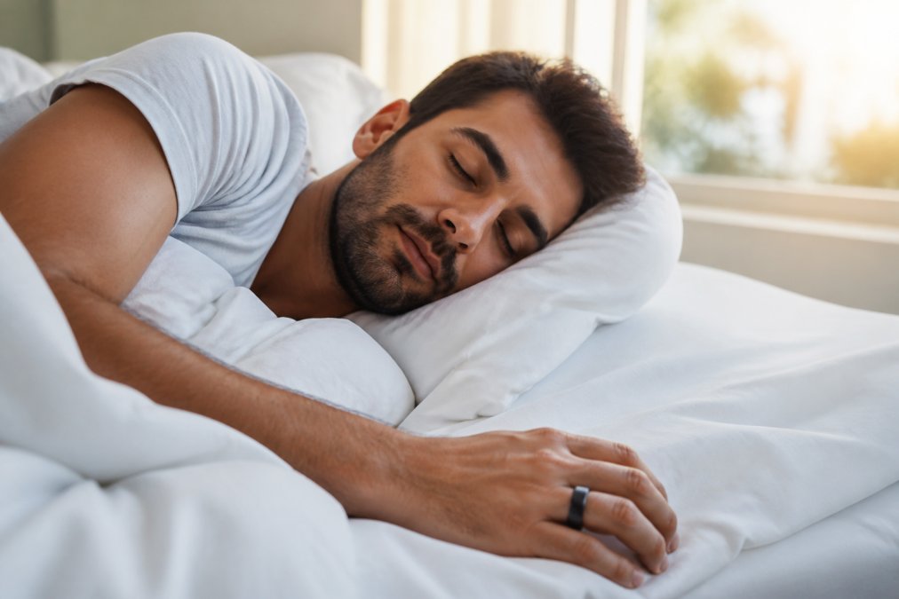Person wearing smart ring on finger while sleeping peacefully in bed with natural morning light streaming through window, white bedding