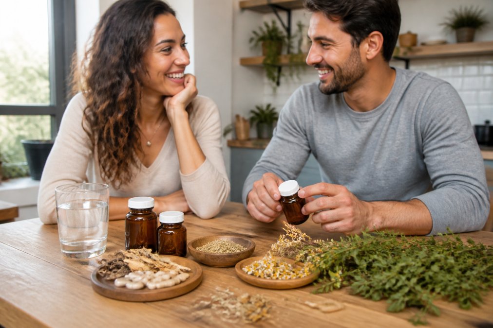 Close-up of supplement bottles, capsules, and dried herbs including ashwagandha root, valerian, and chamomile flowers arranged on a natural wood surface with soft morning light