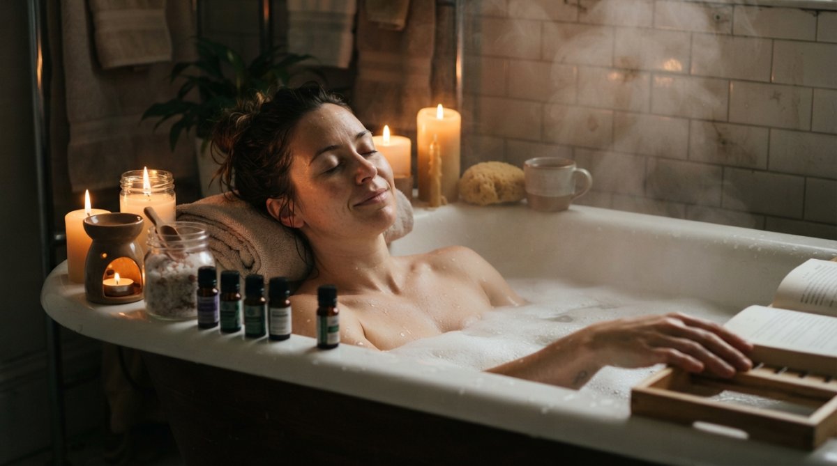 Person relaxing in a warm bath with steam rising, surrounded by candles, bath products, and essential oil bottles arranged on the tub edge, soft warm lighting from candles