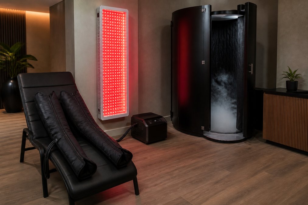 A spacious modern spa recovery lounge with a red light therapy panel glowing, compression boots resting on a lounge chair, and a cryotherapy chamber in the corner, soft ambient lighting, clean minimalist design