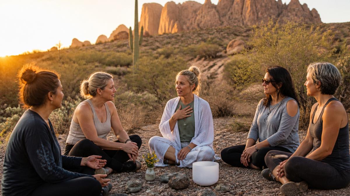 Serene desert landscape at sunrise with warm golden light illuminating natural rock formations and sparse vegetation, suggesting peace and natural healing in an expansive terrain