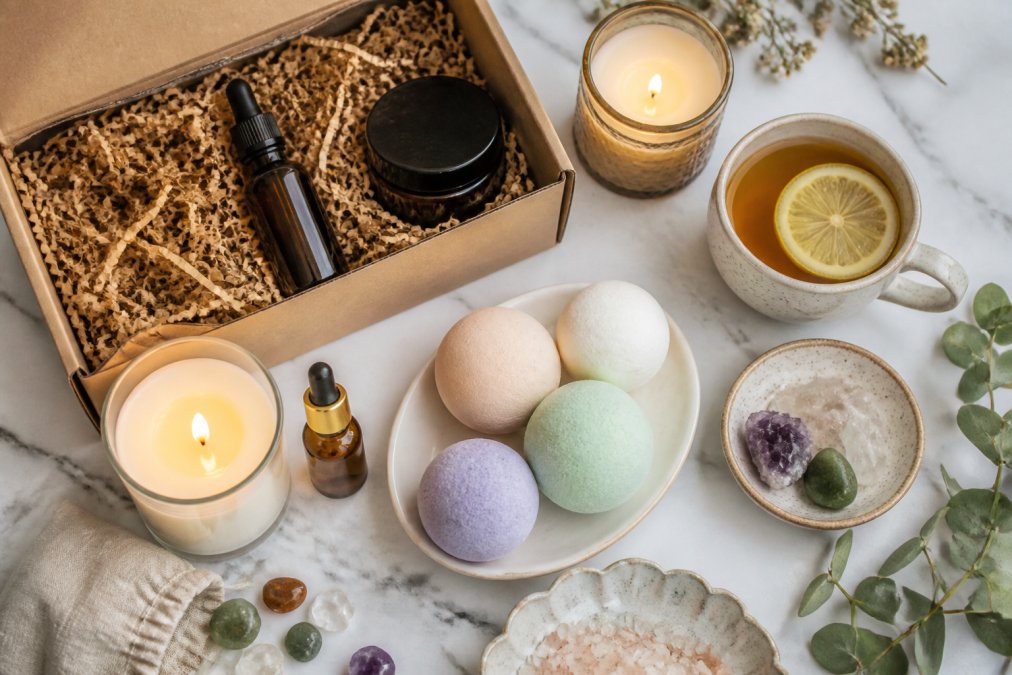 Flat lay of wellness subscription items arranged on a light marble surface: lit candles, bath bombs in pastel colors, small crystal stones, herbal tea boxes, glass jar of skincare serum, and a handwritten wellness card with guidance