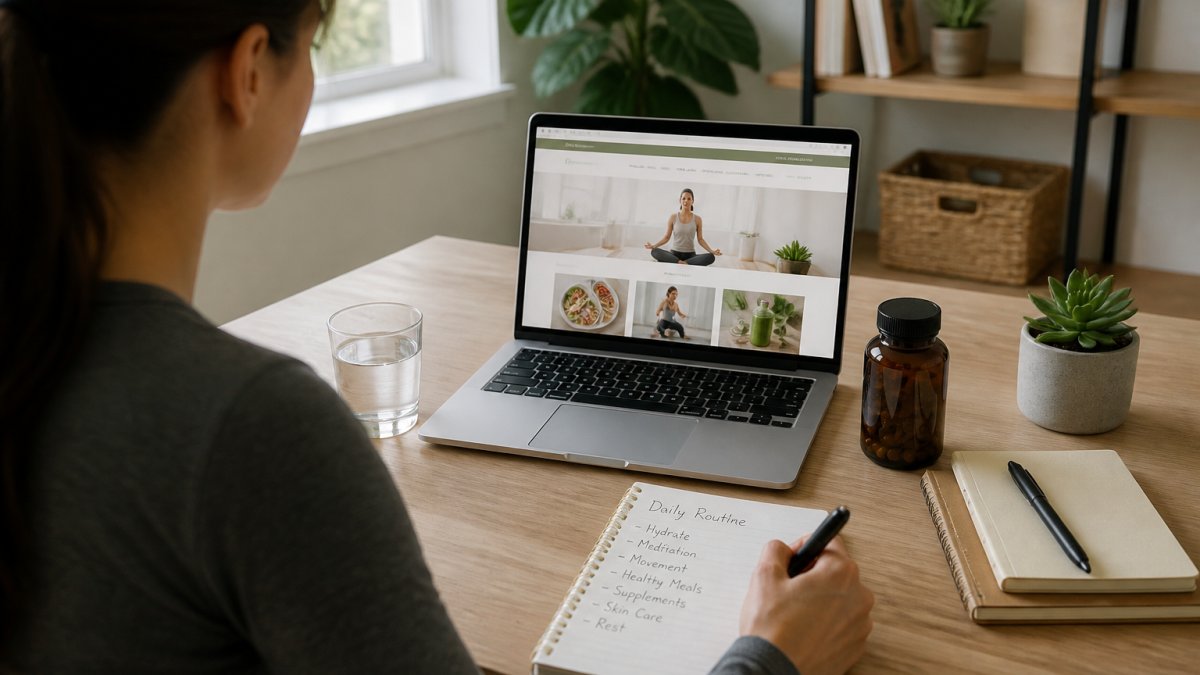 A person sitting at a clean desk with a laptop open to a wellness website, a glass of water, a small bottle of supplements, and a notebook with a handwritten daily routine nearby, in a bright home office