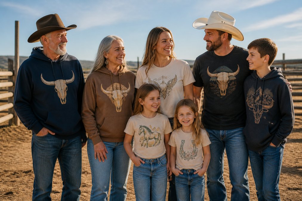 Multi-generational family wearing coordinated western graphic tees and hoodies standing together outdoors on a ranch with wooden fencing and open sky in the background, natural sunlight